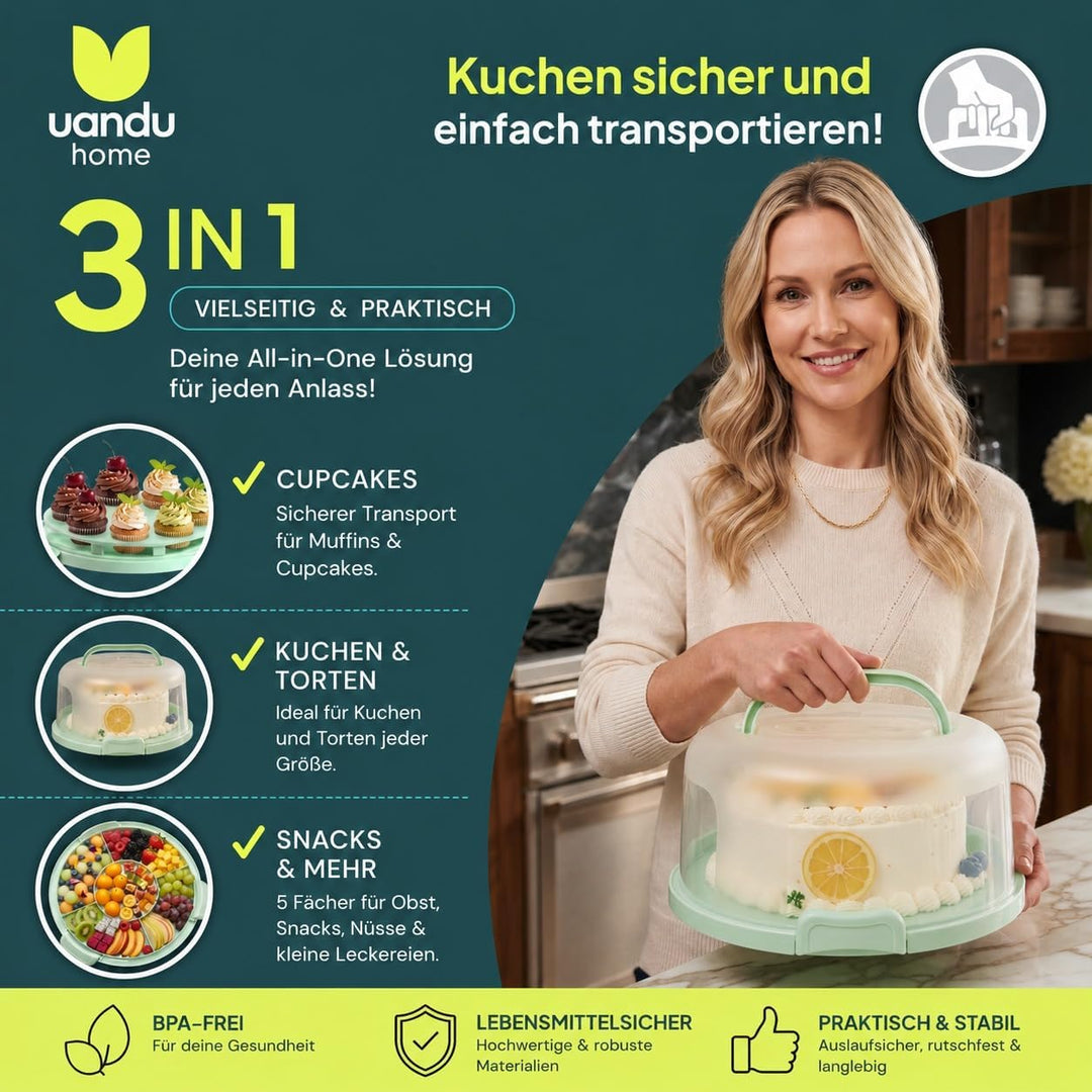 uandu Kuchen Transportbox rund, Tortentransportbox mit Deckel, Haube und Griff. Aufbewahrungsbox, Ku