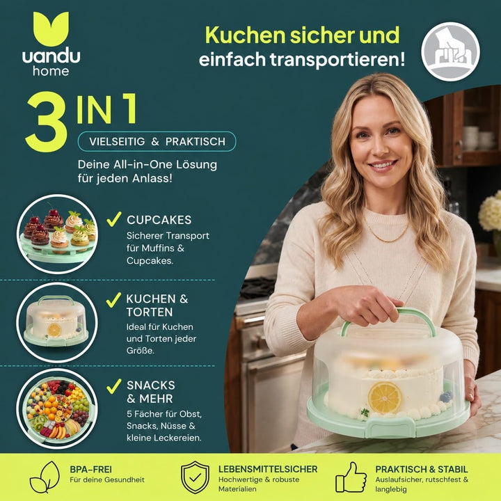 uandu Kuchen Transportbox rund, Tortentransportbox mit Deckel, Haube und Griff. Aufbewahrungsbox, Ku