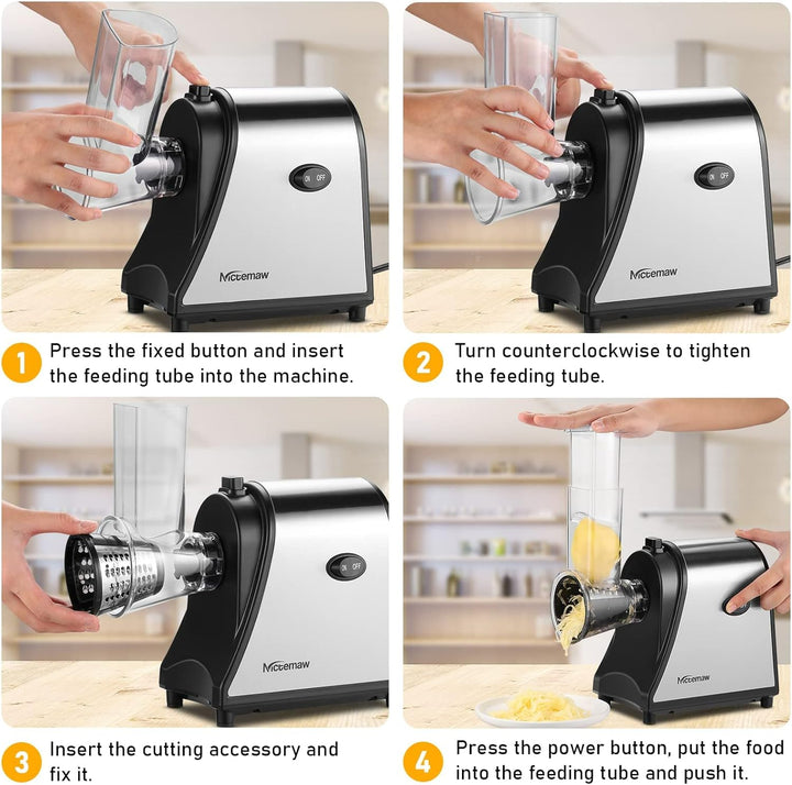Meykey Elektrisch Gemüsehobel, Gemüseschneider, Elektrisches Schnitzelwerk, 250W, 5 Kegel-Klingen, S