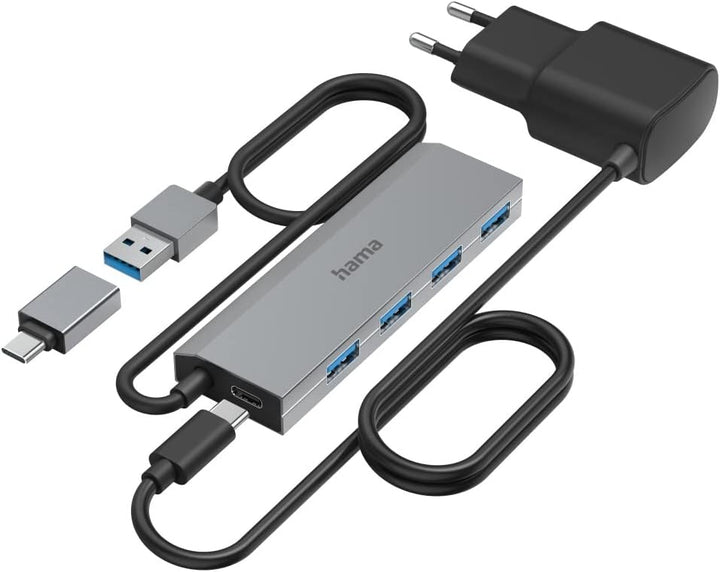 Hama USB-Hub 4 Ports (USB-A und USB-C-Anschluss, mit Netzteil, 4x USB-A für Maus, Tastatur, externe