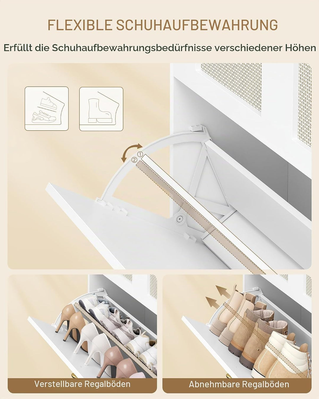 Hzuaneri Schuhschrank mit 2 Klappen, Grosser Rattan Schuhschrank Schmal Holz, Trennwand Verstellbar,