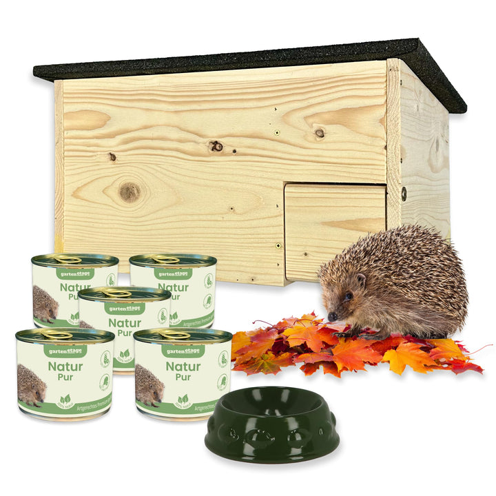 GARTENETAGE Igel-Starter-Set Igelhaus mit Rattenklappe inkl. Futterschale &amp; 5X Premium-Igelfutter –