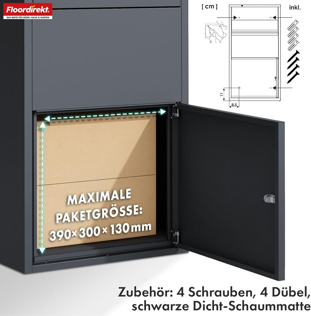 Floordirekt Briefkasten und Paketbox rostfrei und massiv, Paketbriefkasten XXL, Standbriefkasten mod