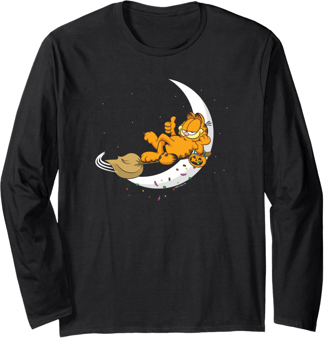 Garfield Halloween Crescent Moon Broom Riding Garfield Langarmshirt