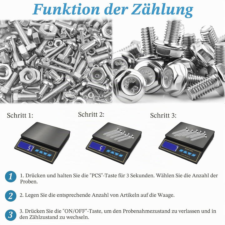 Waage Küchenwaage, Edelstahl Digitalwaage 30kg/66lb mit 9 Masseinheit, PCS Zähl, Auto Shutdown, Tara