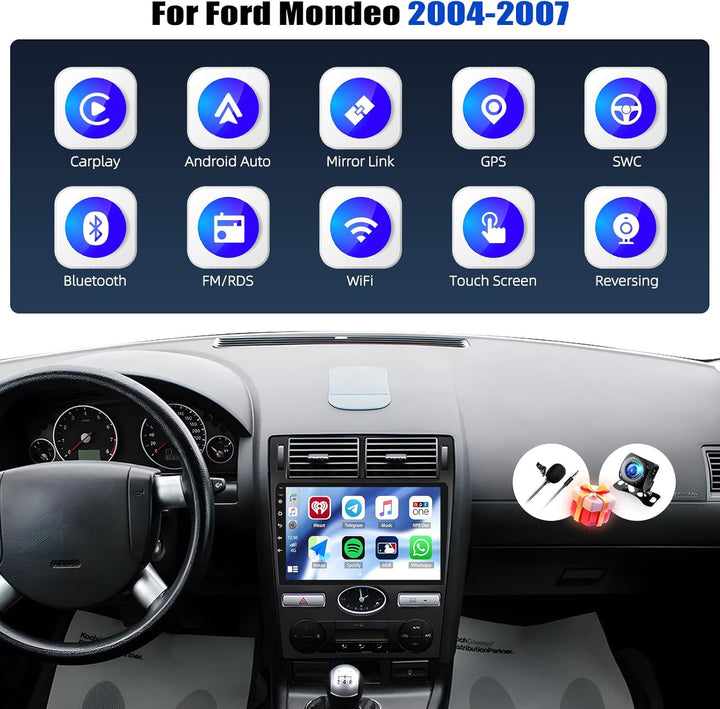 CAMECHO 4+64G Android 15 Navi Autoradio für Ford Mondeo 2004-2007, 9 Zoll GPS Radio mit WiFi Bluetoo