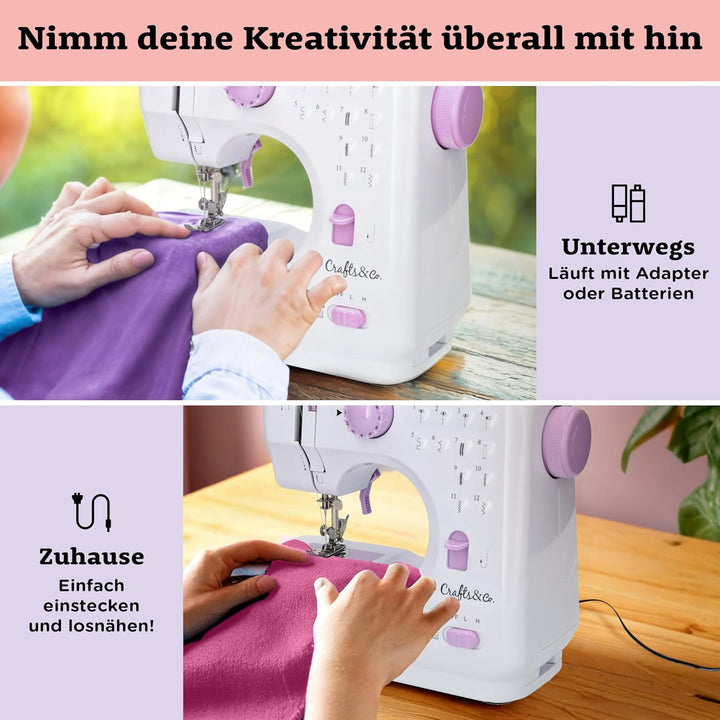 Crafts&Co® Nähmaschine für Anfänger mit Eingebautem LED-Licht und Fusspedal | 12 Stiche | Mini Nähma