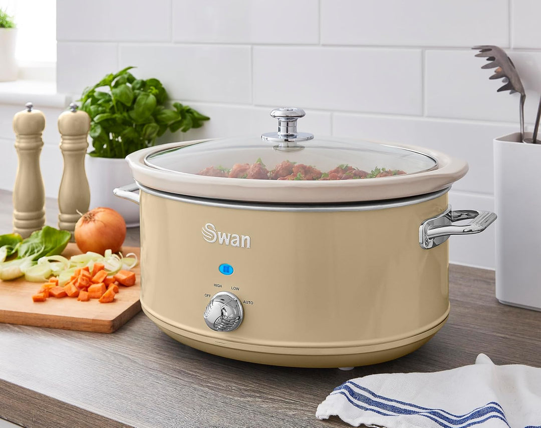 Swan Retro SF17031CN Slow Cooker 6,5L Abnehmbarer Kochbehälter, PFOA- und PTFE-freier Keramischer An