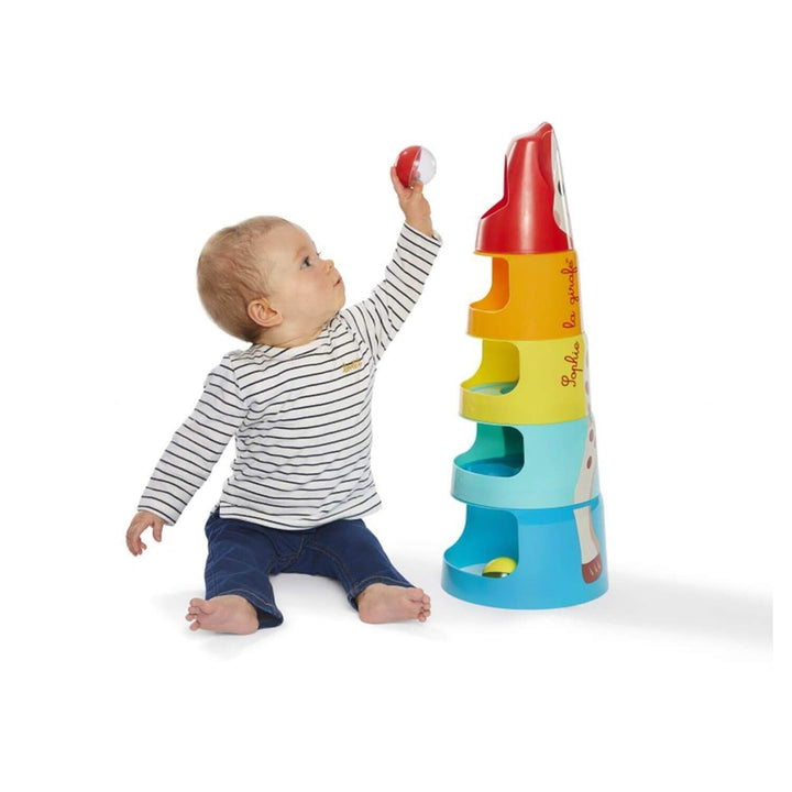Sophie la Girafe – Riesenturm 3-in-1 – Ab 10 Monaten – Bau-Puzzle und Kugelbahn – Fördert Geschickli