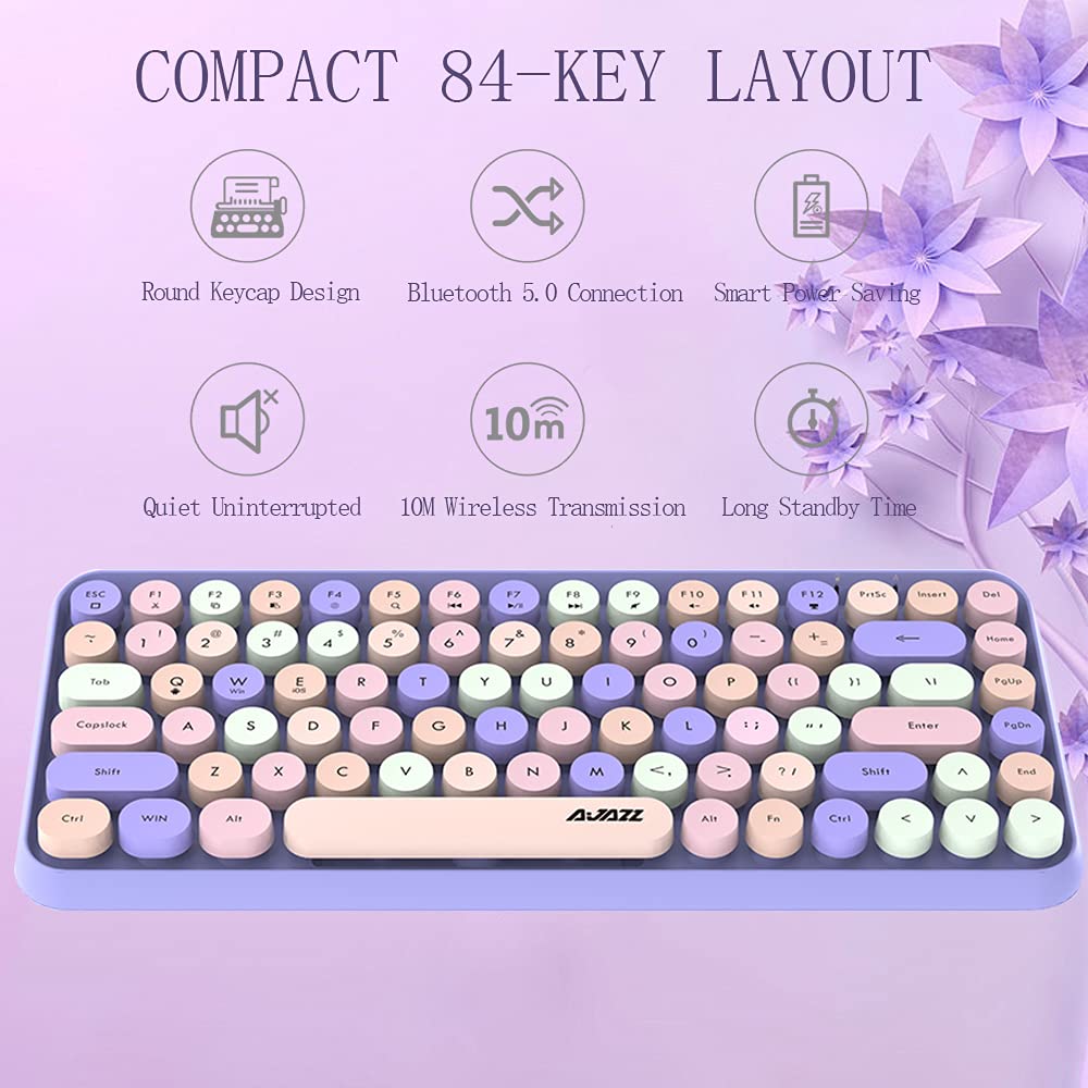 FELiCON 308i Kabellose Retro Tastatur, Bluetooth Silent Cute Computer Tastatur mit Runder Punk Taste