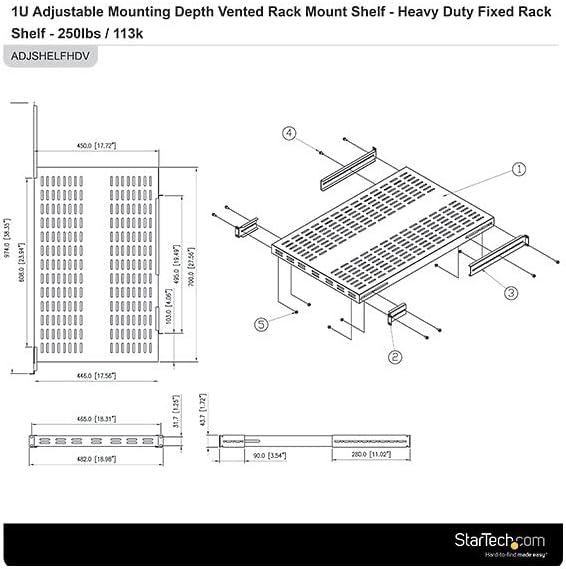 StarTech.com 1HE einstellbares belüftetes Rack Fachboden - 150kg - 49,5 bis 97,4 cm einstellbare tie