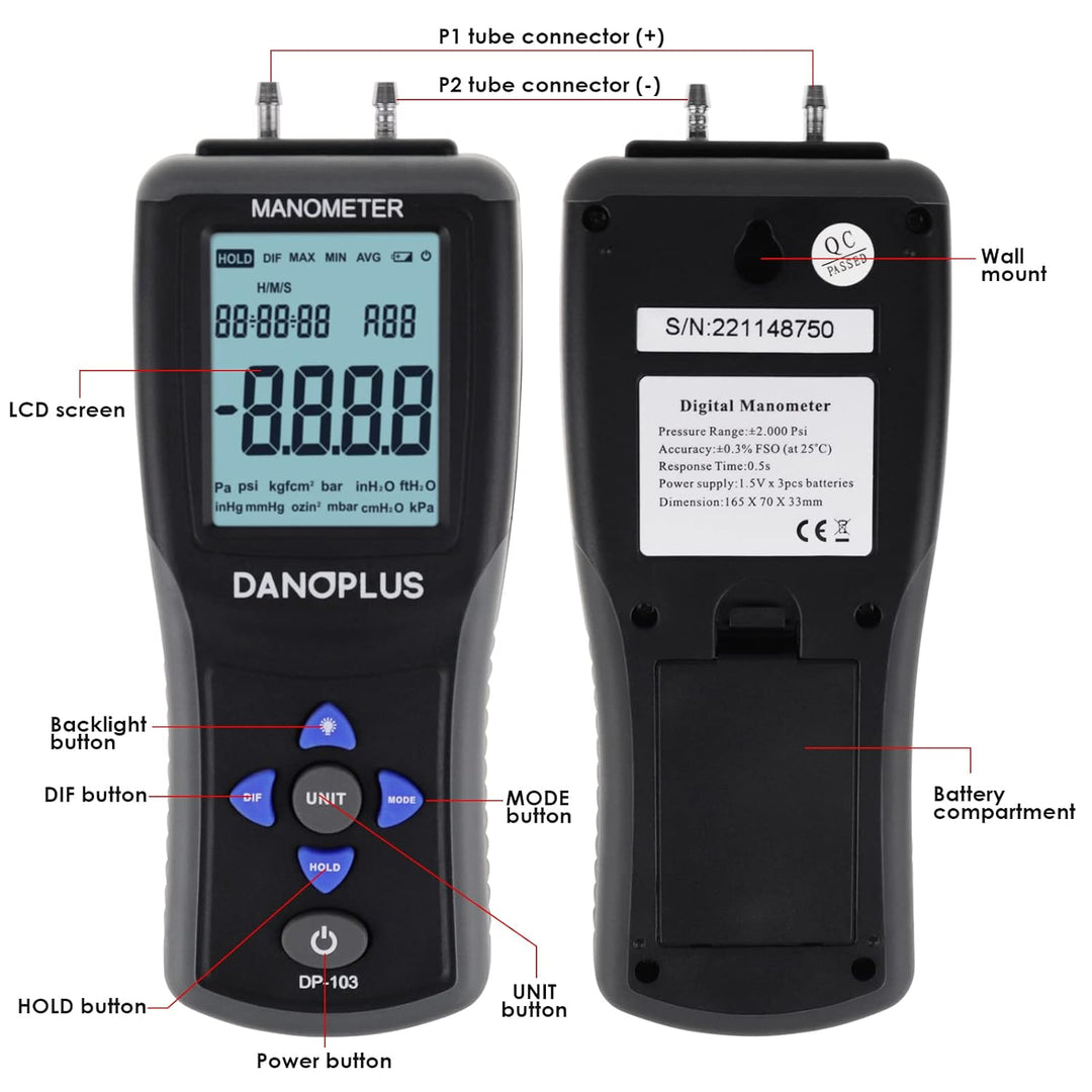 Manometer Digital Gas Pressure Tester Differential Pressure Gauge HVAC Air Pressure Meter with Backl