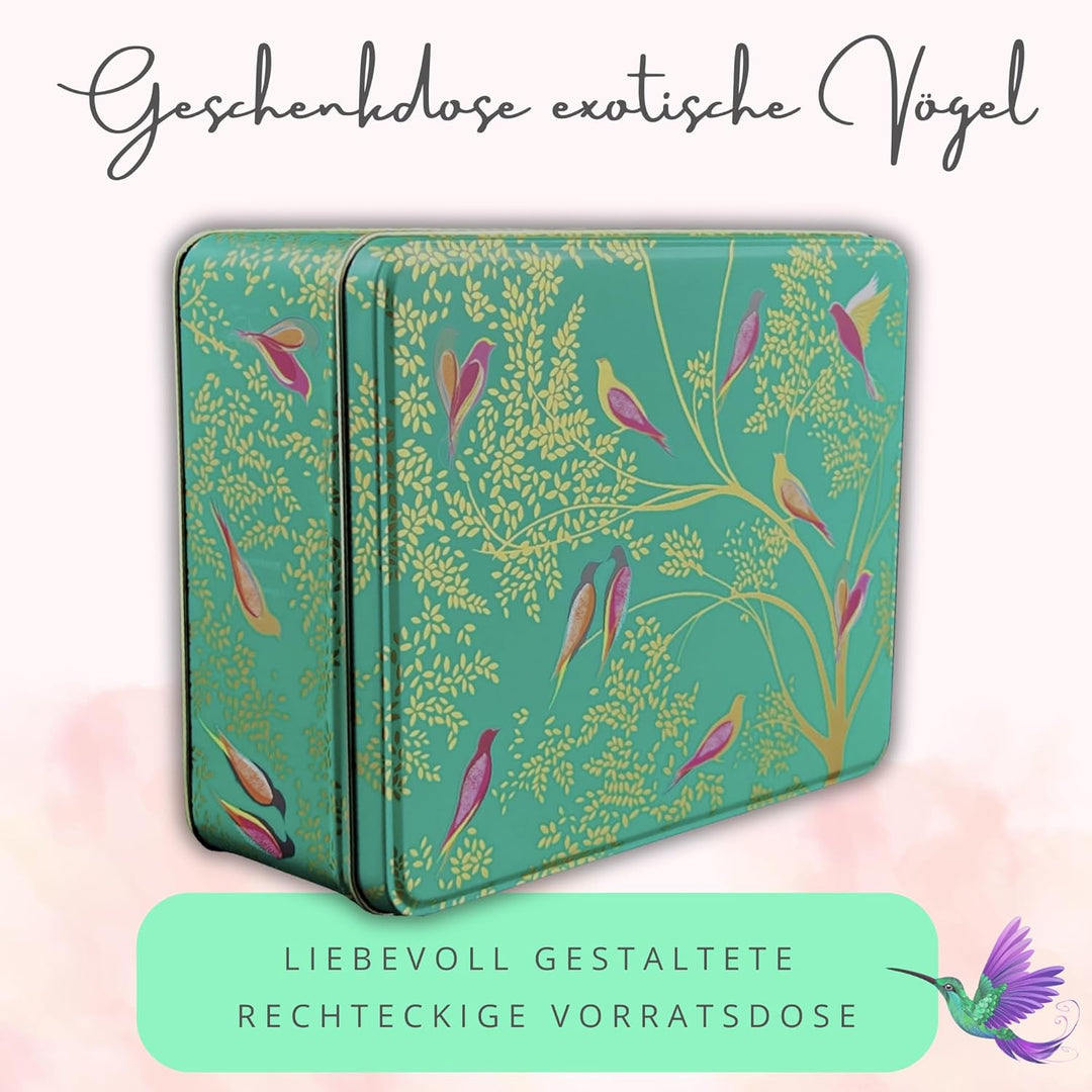 Geschenkdose Design Sara Miller - Liebevoll gestaltete rechteckige Vorratsdose - Motiv exotische Vög