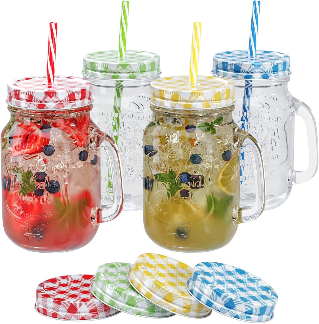 WELLGRO Trinkgläser Set bunt mit Deckel und Trinkhalm 500ml inkl. Ersatzdeckeln Mehrweg Cocktail Glä