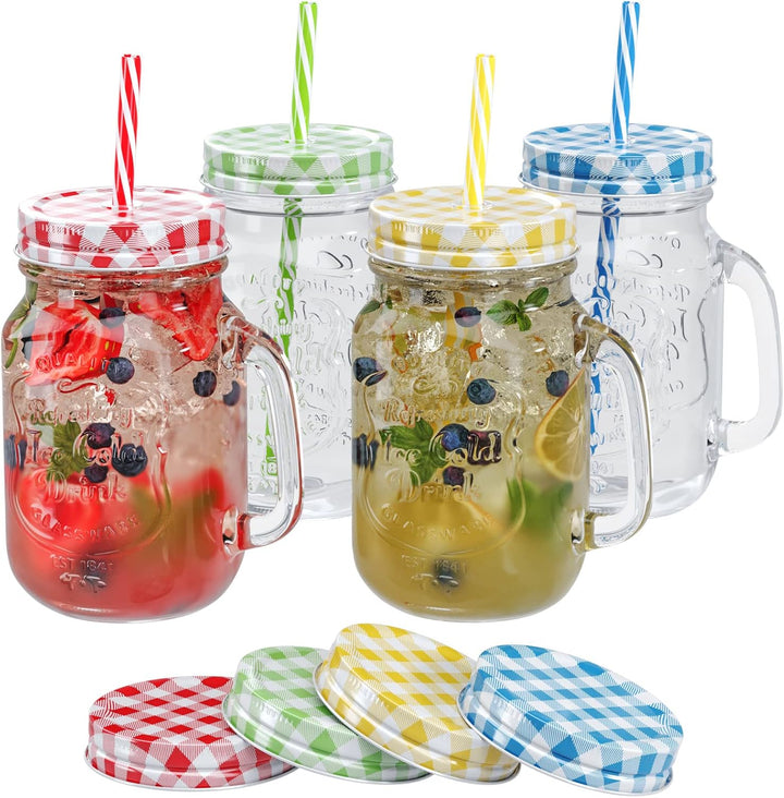 WELLGRO Trinkgläser Set bunt mit Deckel und Trinkhalm 500ml inkl. Ersatzdeckeln Mehrweg Cocktail Glä