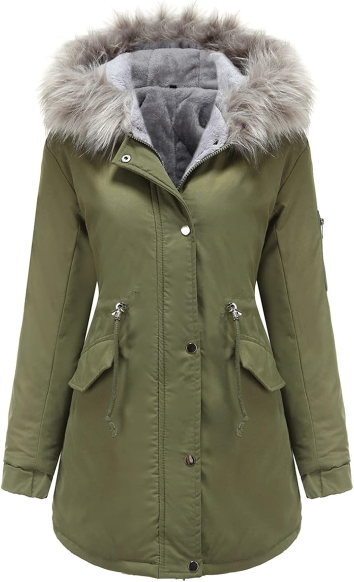 Tuopuda Winterjacke Damen Lang Wintermantel Warm Winter Jacke mit Kapuze Reissverschluss Parka Fleec