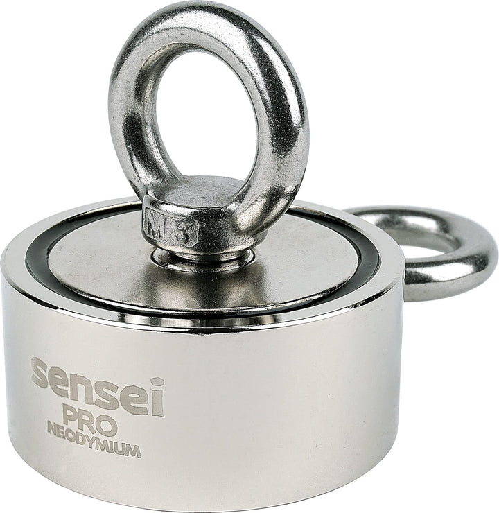 SENSEI Magnet 150 kg, Doppelseitiger Neodym-Magnet N52 mit 2 Ösen oben und seitlich, Ø6 x H2,7 cm, M