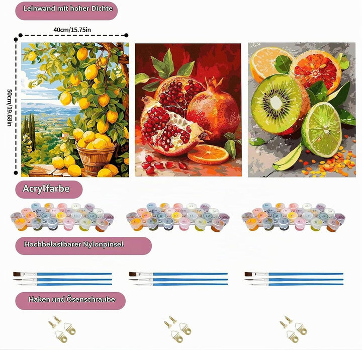 JATOK 3 Stück Malen Nach Zahlen Erwachsene, DIY Obst Gemälde für Anfänger, Handgemalt Ölgemälde Lein