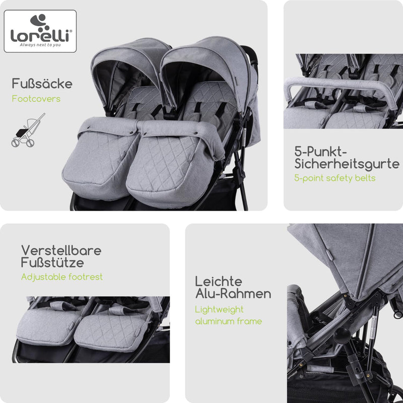 Lorelli Zwillingskinderwagen Duo, Zwillingsbuggy klein faltbar für 2 Kinder, sehr leicht, Zwillingsw