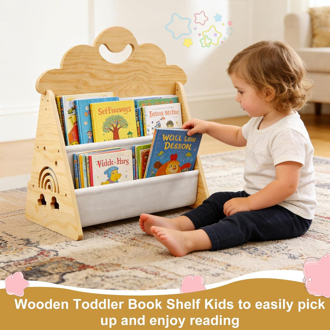 Montessori Kinder Bücherregal Holz, Offenes Frontbücherregal für Kinderzimmer & Leseecke, Tragbare B