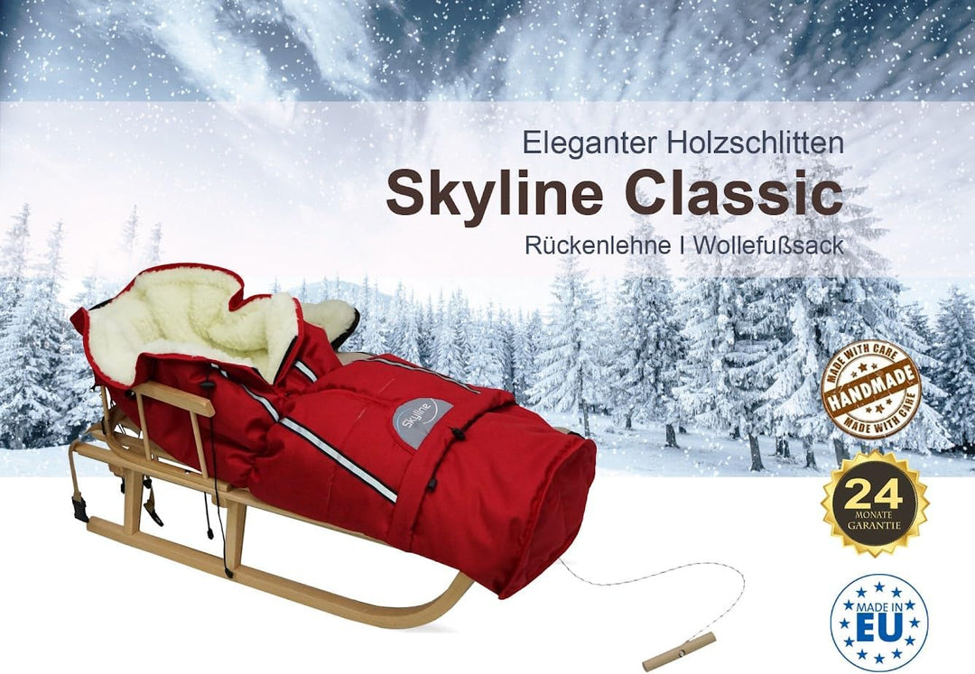 Holzschlitten für Kinder mit Rückenlehne Rodelschlitten Davoser Schlitten aus Holz mit einem Sicherh