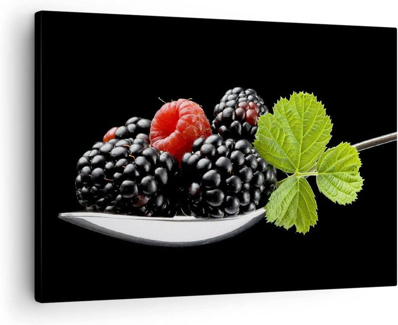 Bilder auf Leinwand Löffel Himbeere Brombeere Frucht Leinwandbild 70x50cm Wandbilder Dekoration Wohn