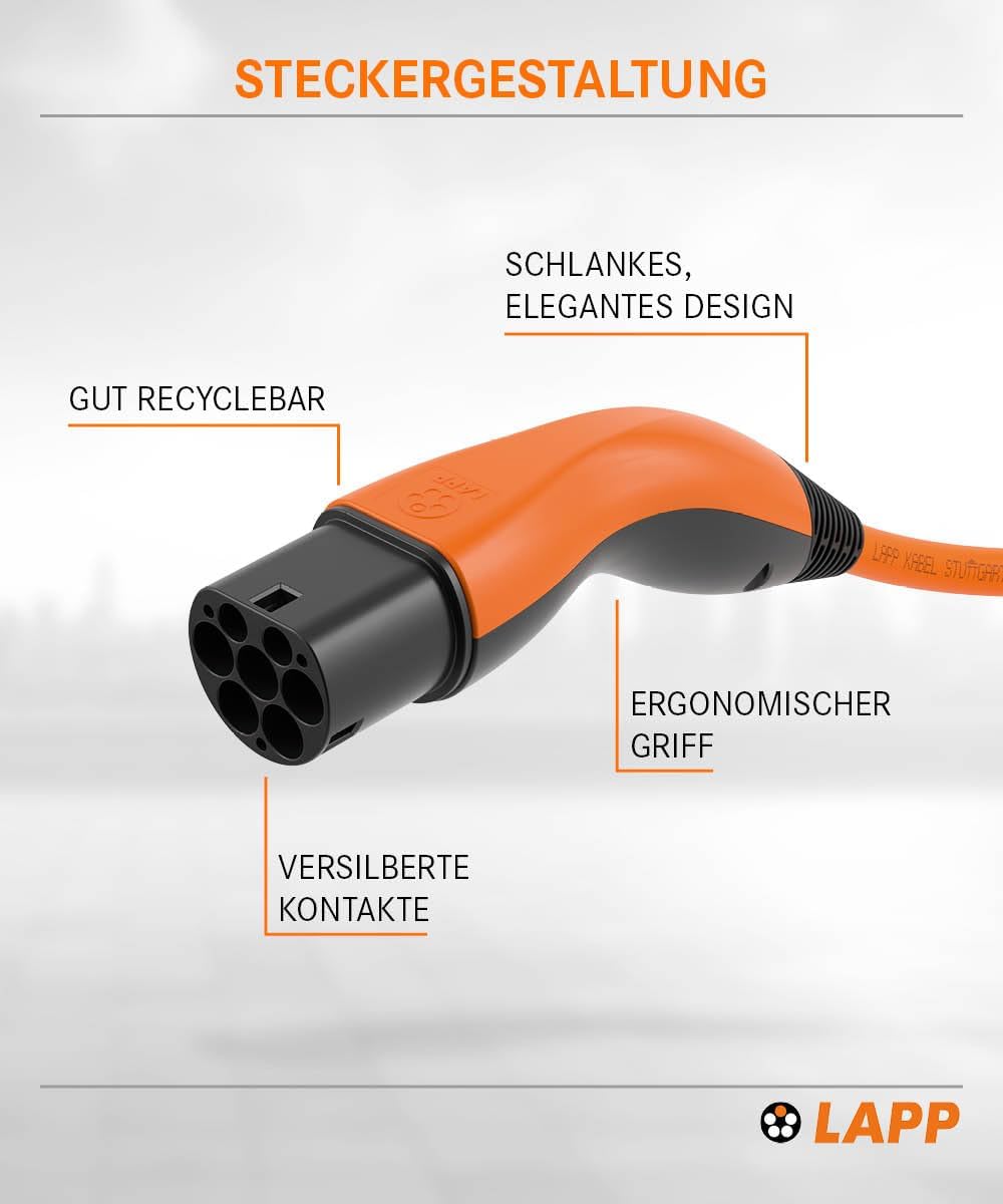 Lapp Mobility Typ 2 Ladekabel 7,4 KW/Glatt / 32 A / 1-Phasig/E-Auto Ladekabel/Mode 3 / 5m 5 Meter Or