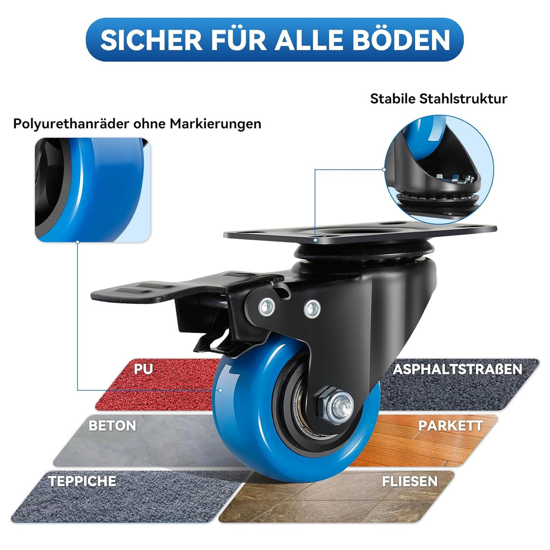 50mm Blaue Möbelrollen - 4er Set Lenkrollen bis 300KG Industrierollen mit Bremsen inklusive Montagez