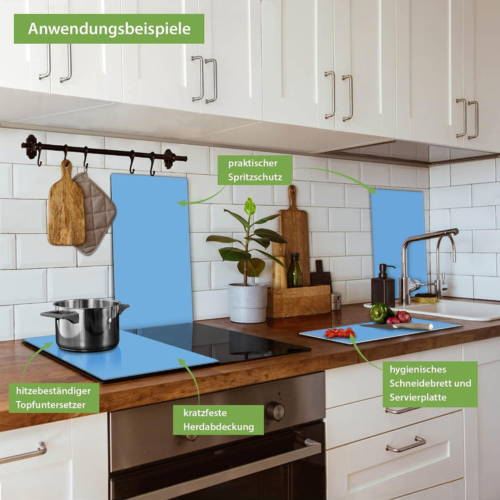 banjado® Herdabdeckplatte Glas 2-teilig je 30x52 cm/Schneidebrett Herdabdeckung mit Motiv Pastellbla