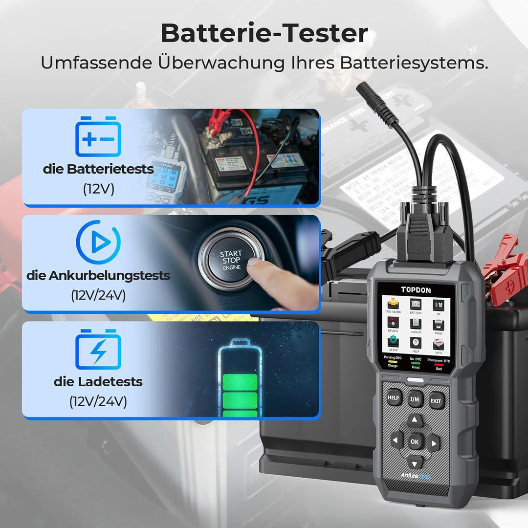 TOPDON ArtiLink500B OBD2 Diagnosegerät Auto und Batterietester 2-in-1, Universal KFZ-Fehlercode-Lese