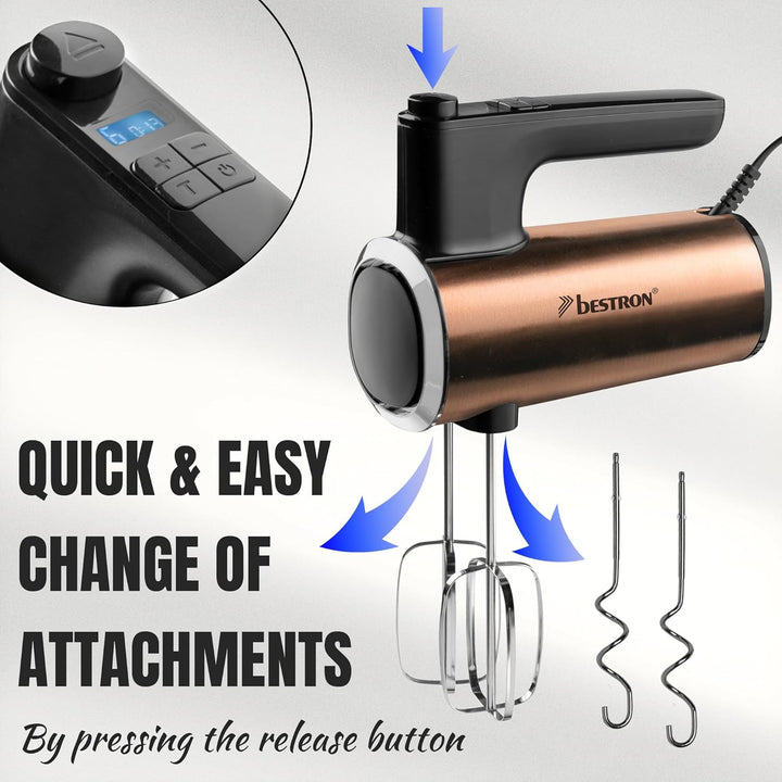 Bestron Power Handmixer, Leistungsstarker Handmixer mit 6 Stufen, Turbo-Funktion & LCD-Display, Rühr