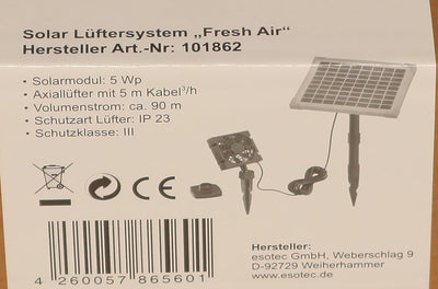 Solar Lüfterset FreshAir 5W Luftstrom max. 90m3 Lüfter 92x92mm Solarventilator Belüftungsset Ventila