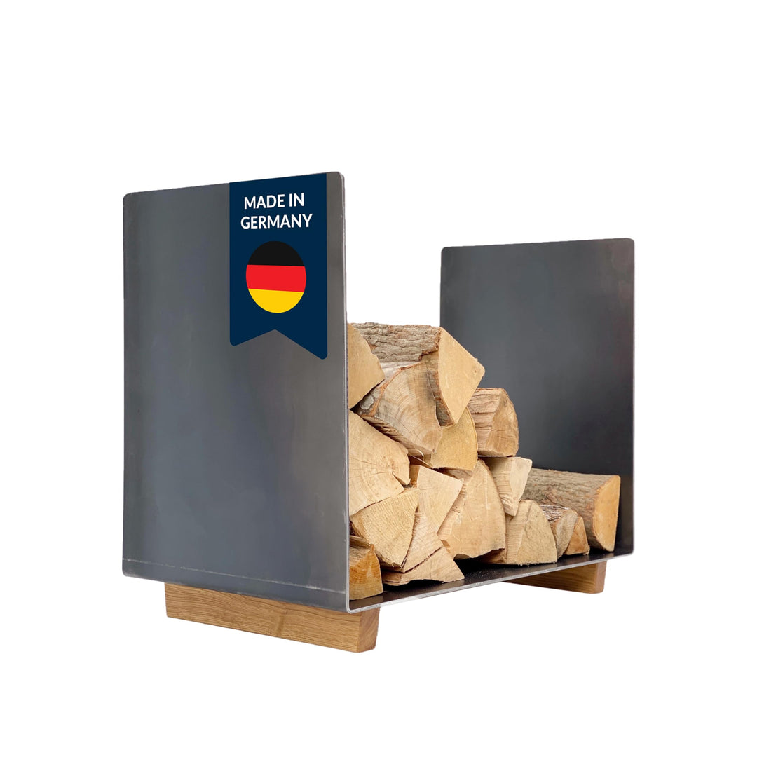 Design Kaminholz Aufbewahrung aus Schwarzstahl (60 x 34 x 47 cm) – handgefertigter Kaminholzkorb mit