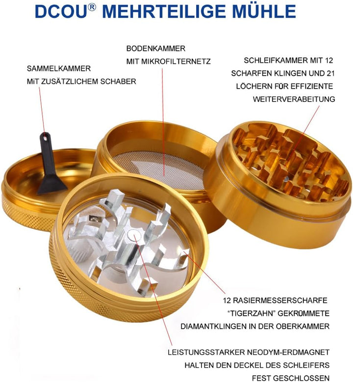 DCOU Handkurbel Premium Mühle unzerbrechlich CNC Aluminium Metall Mahler Schleifer 4 Teile Ø55mm Mat