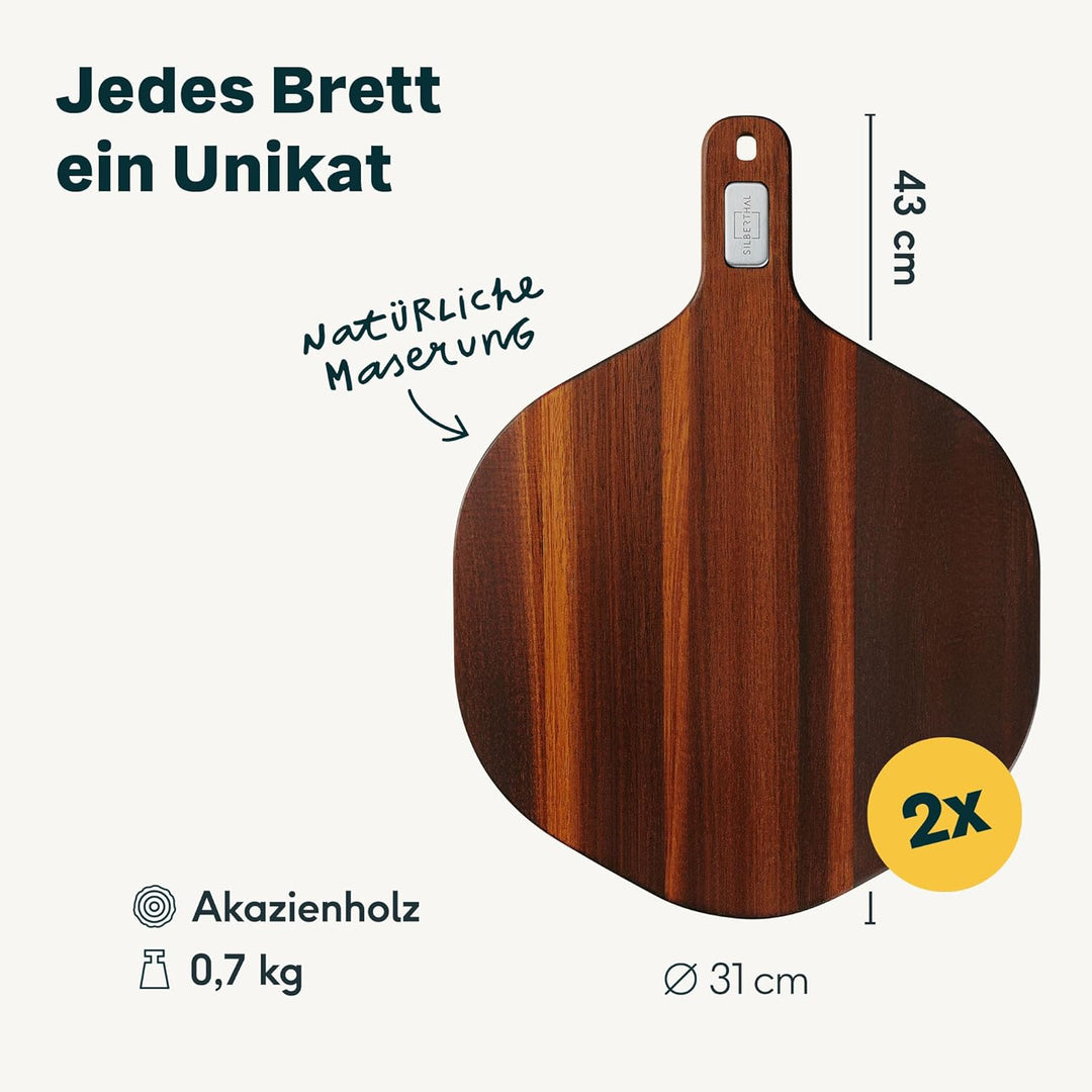 SILBERTHAL Pizzabrett 30 cm 2er Set Akazienholz - 6-Eck-Design - Servierbrett mit ergonomischer Grif
