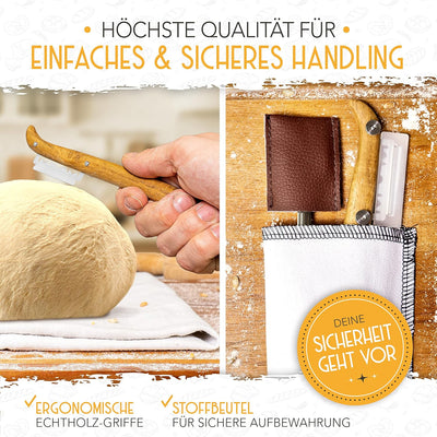 KRUSTENZAUBER Bäckermesser 2er Set [inkl. 20 Rasierklingen] - Teigmesser Set für gerade und geschwun