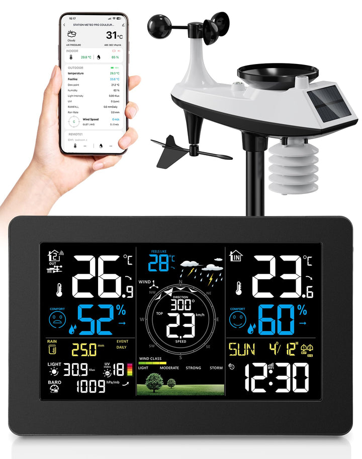 WLAN Wetterstation mit Aussensensor, 11-in-1 Profi Funkwetterstation mit Windgeschwindigkeit Windric