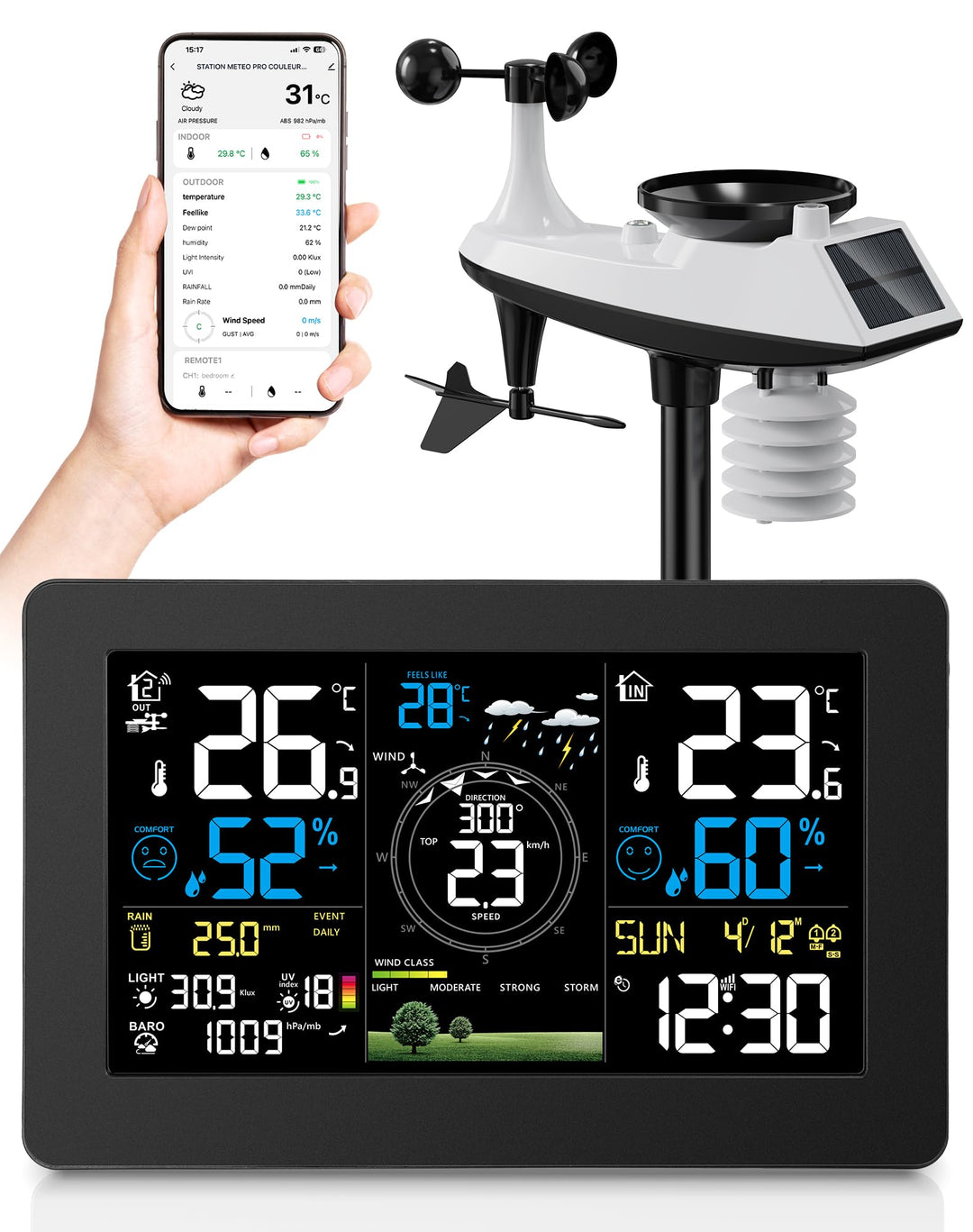 WLAN Wetterstation mit Aussensensor, 11-in-1 Profi Funkwetterstation mit Windgeschwindigkeit Windric