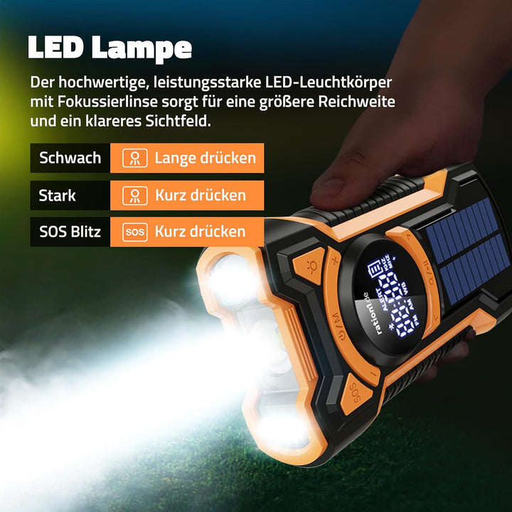 ration1 Kurbelradio mit Solar und Powerbank – Notfallradio mit 5000 mAh, Bluetooth, SOS-Alarm & LED