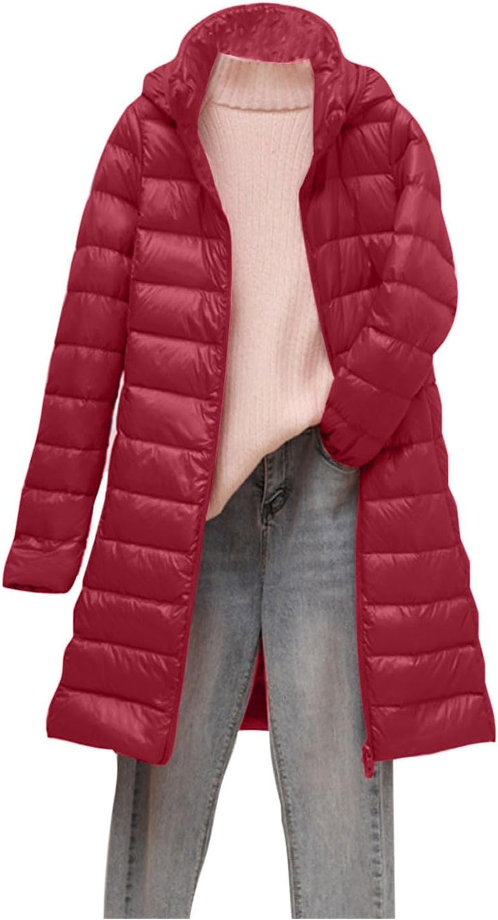 Steppjacke Damen Lang Leichte Warm Puffer Jacke Damen Lässig Winterjacke mit Abnehmbar Kapuze Einfar