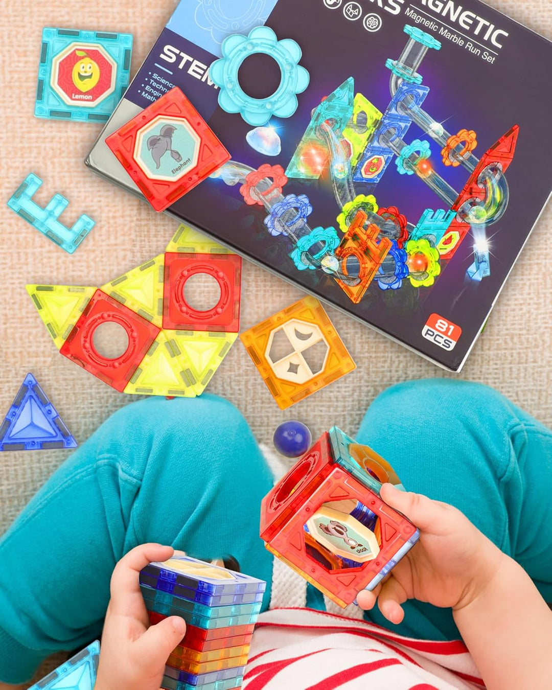 SVYHUOK Magnetische Bausteine für Kinder, Magnet Konstruktionsspielzeug 3D, 81 Teile Murmelbahn Lern