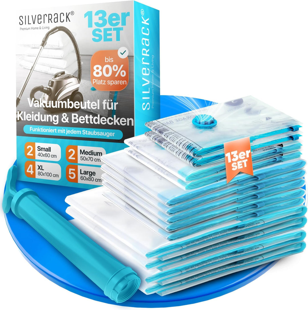 Vakuumbeutel für Kleidung und Bettdecken [13 Stück] mit Pumpe in 4 Grössen (2x Small + 2x Medium + 5