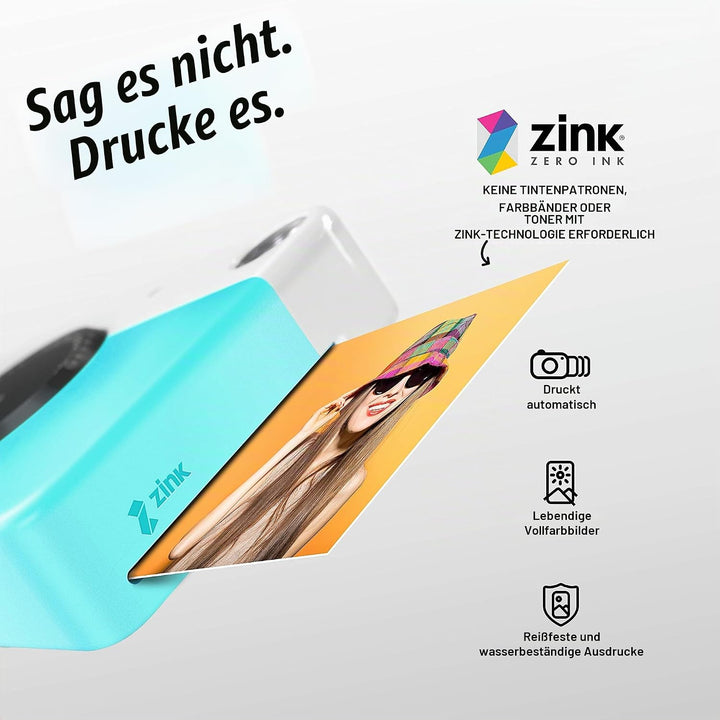 KODAK Printomatic Sofortbildkamera (Blau) Geschenkpaket + Zinkpapier (20 Blatt) + Deluxe-Etui + 7 lu