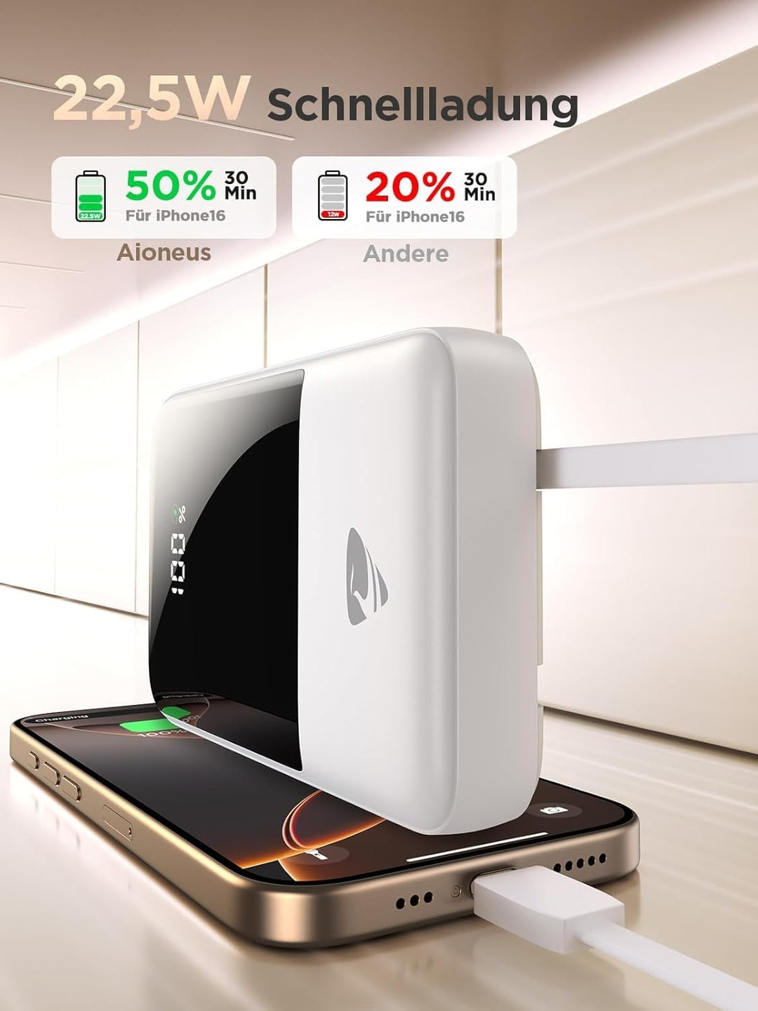 Aioneus Power Bank 20000mAh, Powerbank mit integriertem Kabel, 22,5W Schnellladefunktion, USB-C EIN-