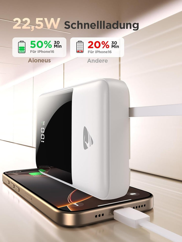 Aioneus Power Bank 20000mAh, Powerbank mit integriertem Kabel, 22,5W Schnellladefunktion, USB-C EIN-