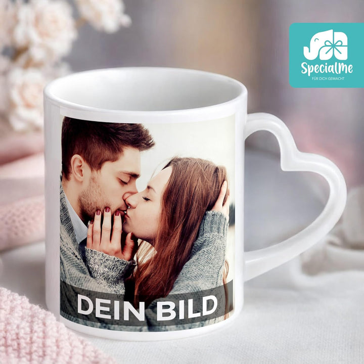 Fototasse mit Herzhenkel personalisiert mit eigenem Bild und Text Fotogeschenk Liebe Valentinstag We