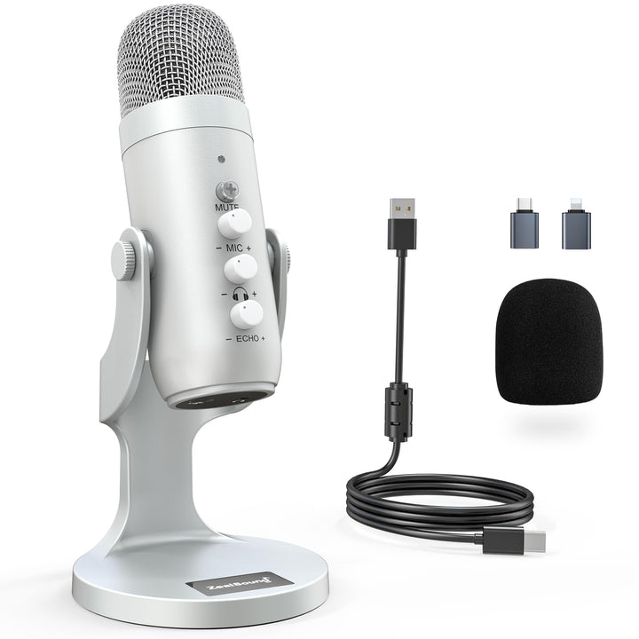zealsound USB Mikrofon, k66 Silber Podcast Mikrofon für PC Handy PS4&5, mit Noise Cancelling/Stumm/E