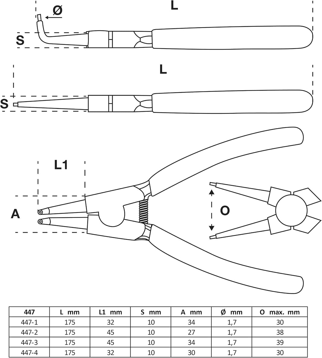 BGS 494 | Gripzangen-Satz | 4-tlg. | Gripzange 140/185 / 220 mm & 447 | Sprengringzangen-Satz | 4-tl