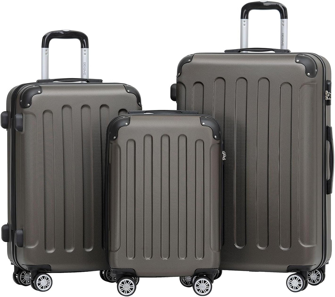 BEIBYE Hartschalen-Koffer Trolley Rollkoffer Reisekoffer Handgepäck 4 Rollen (M-L-XL-Set) (Coffee, S