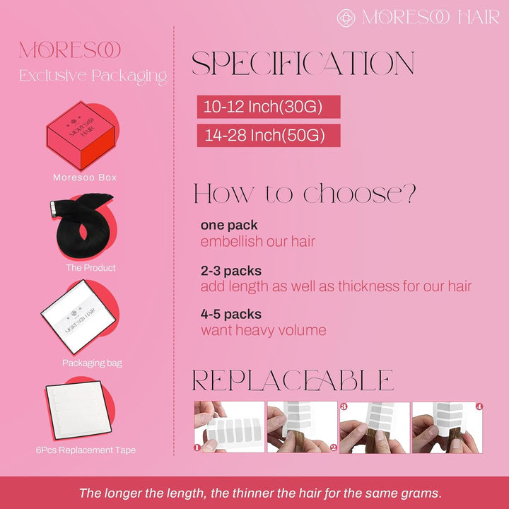 Moresoo Unsichtbare Tape Extensions Echthaar Dunkelbraune Hair Extensions Tape in 45 cm Schwarz bis